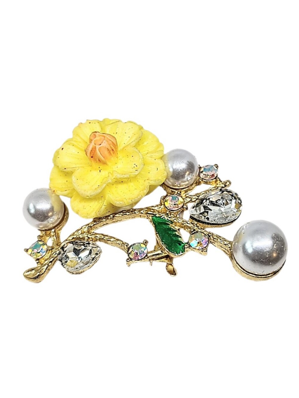 🆕 Vintage Revival Gold Tone Yellow Flower Floral Pearl AB Rhinestone Brooch Pin